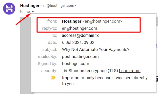 Hostinger email details showing from and reply-to addresses highlighted
