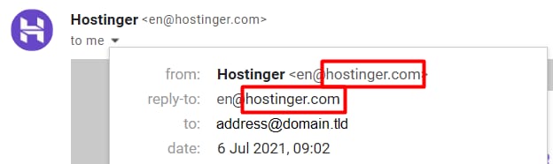 Hostinger email address popup showing official sender and reply-to details ending in @hostinger.com