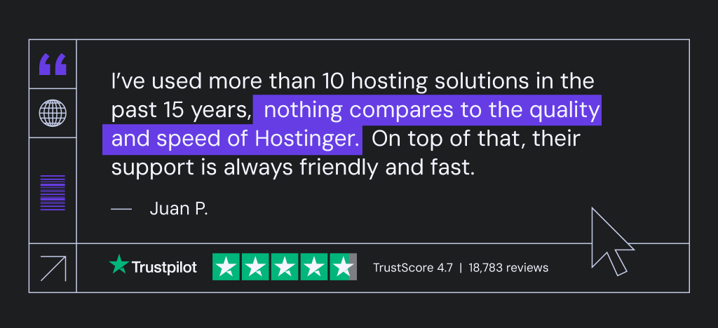 Hostinger review quote highlighting quality and speed of service