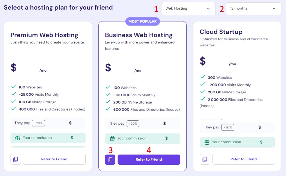 Business Web Hosting plan with the Refer to Friend button highlighted