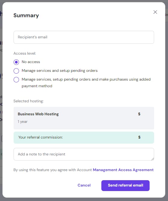 Referral program summary popup for Business Web Hosting with recipient email, access level, and send referral email button