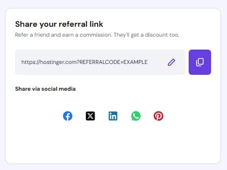 Referral link sharing panel with a highlighted copy button on the right