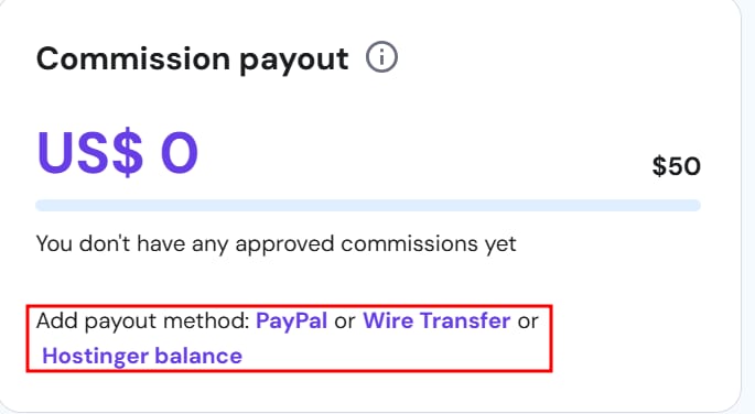 Referral program commission payout showing add payout method options: PayPal, wire transfer, or Hostinger balance