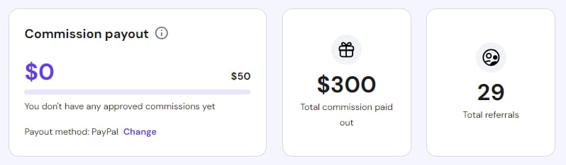 Referral Program dashboard showing commission payout $0, total commission paid out $300, and 29 total referrals