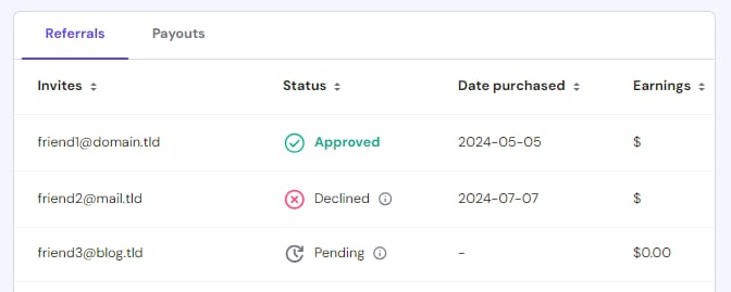 Referrals table showing invite statuses: approved, declined, and pending
