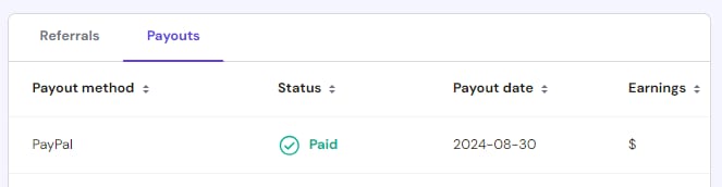 Referral Program payouts tab with PayPal payout marked paid and payout date shown
