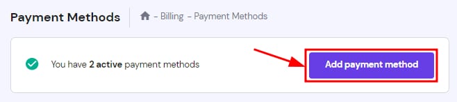 Billing payment methods page with Add payment method button highlighted