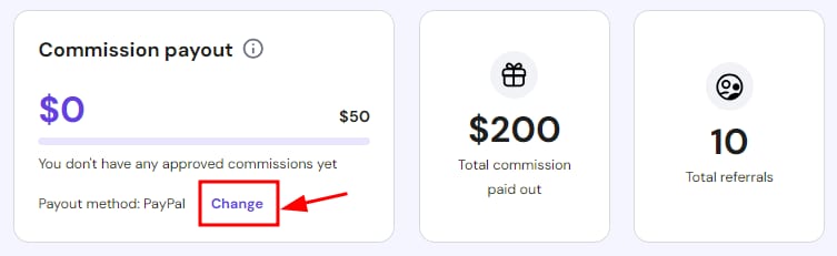 Referral program commission payout card with the Change payout method button highlighted