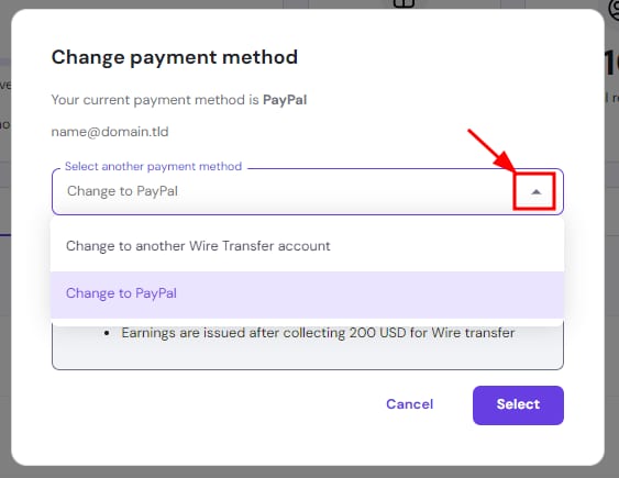 Change payment method dialog with the highlighted dropdown arrow to select another payment method