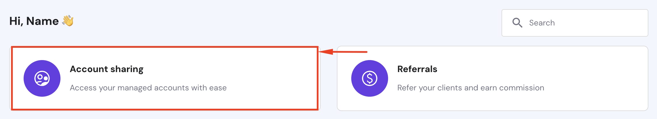 Account sharing card for accessing managed client accounts
