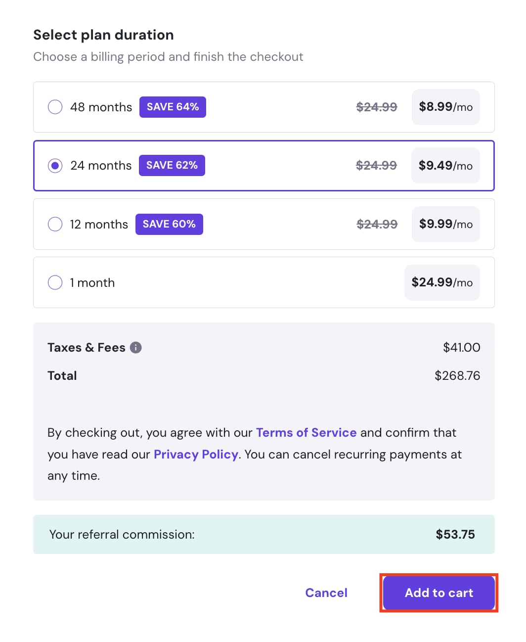 Hosting plan checkout showing 24-month duration selected and Add to cart button highlighted