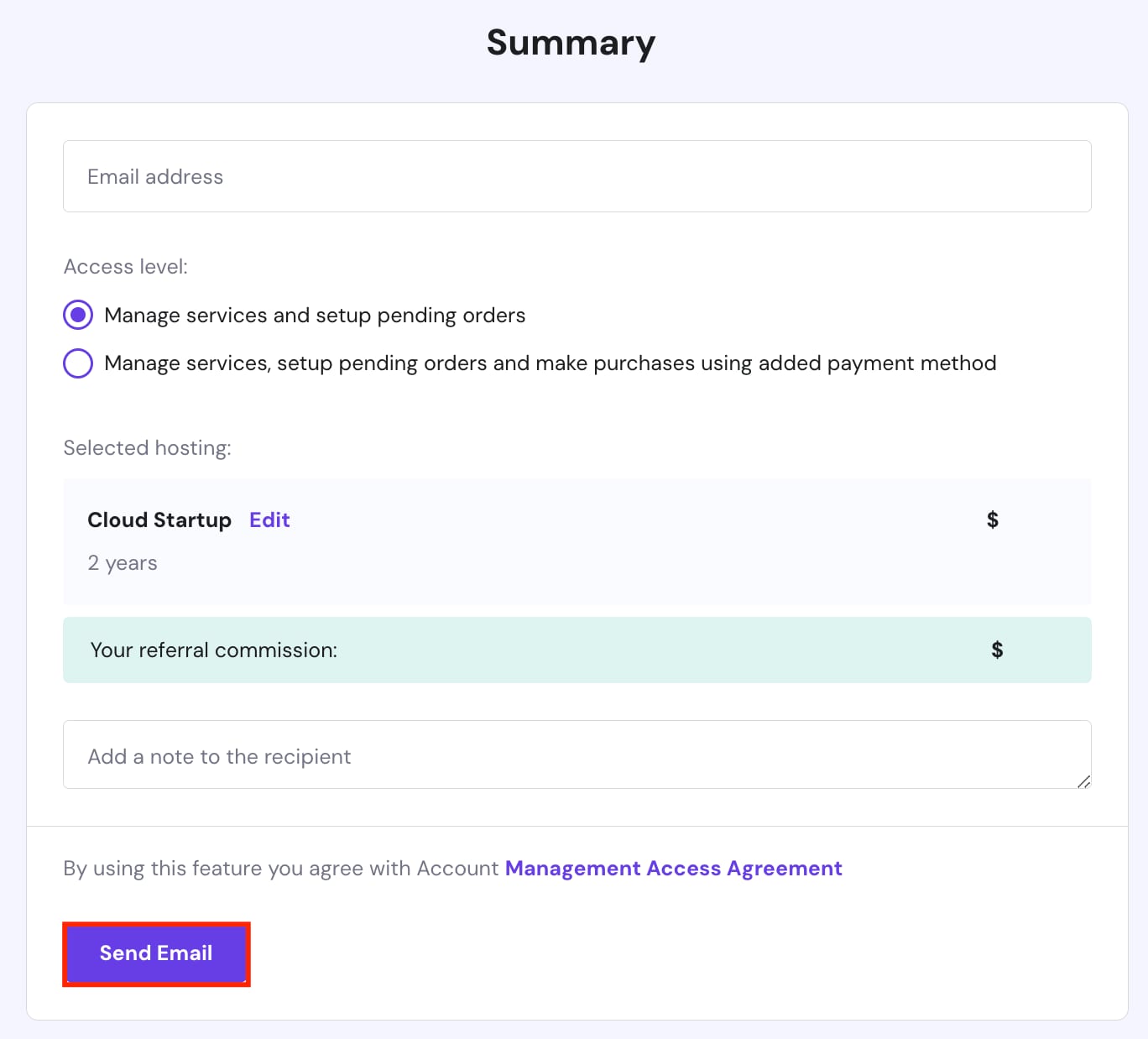Cloud Startup summary with highlighted Send Email button