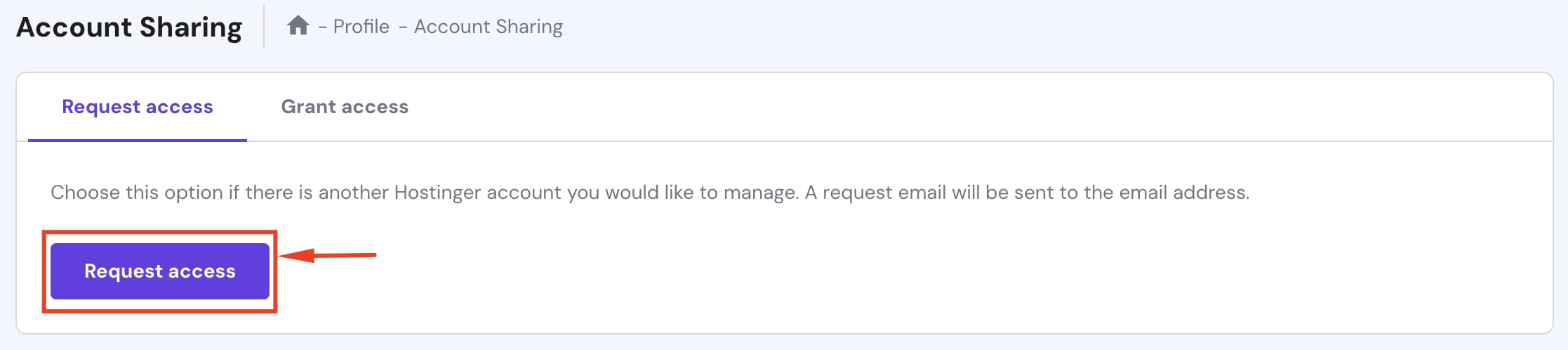 Account Sharing page with Request access button highlighted