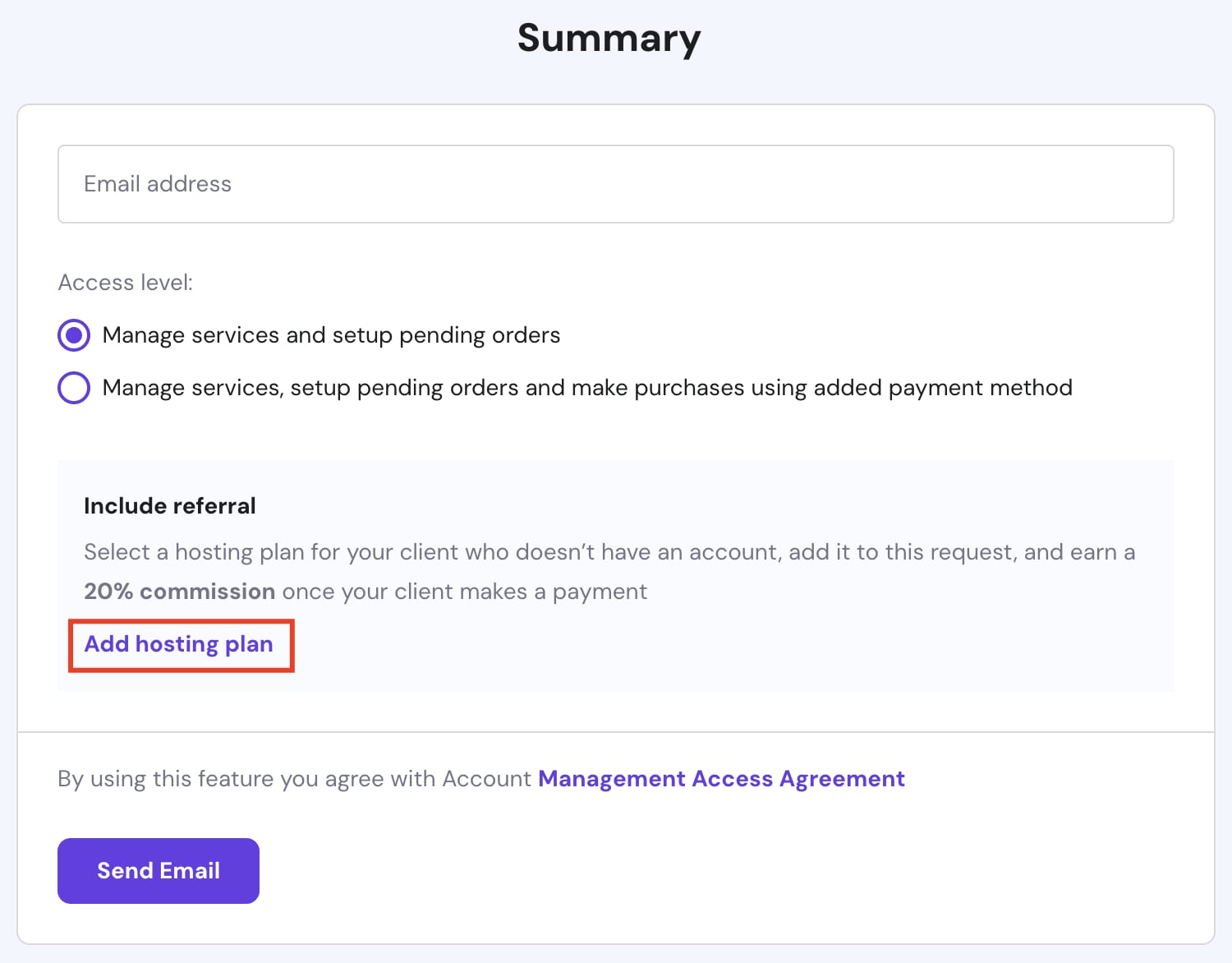 Add hosting plan button in referral section on summary page