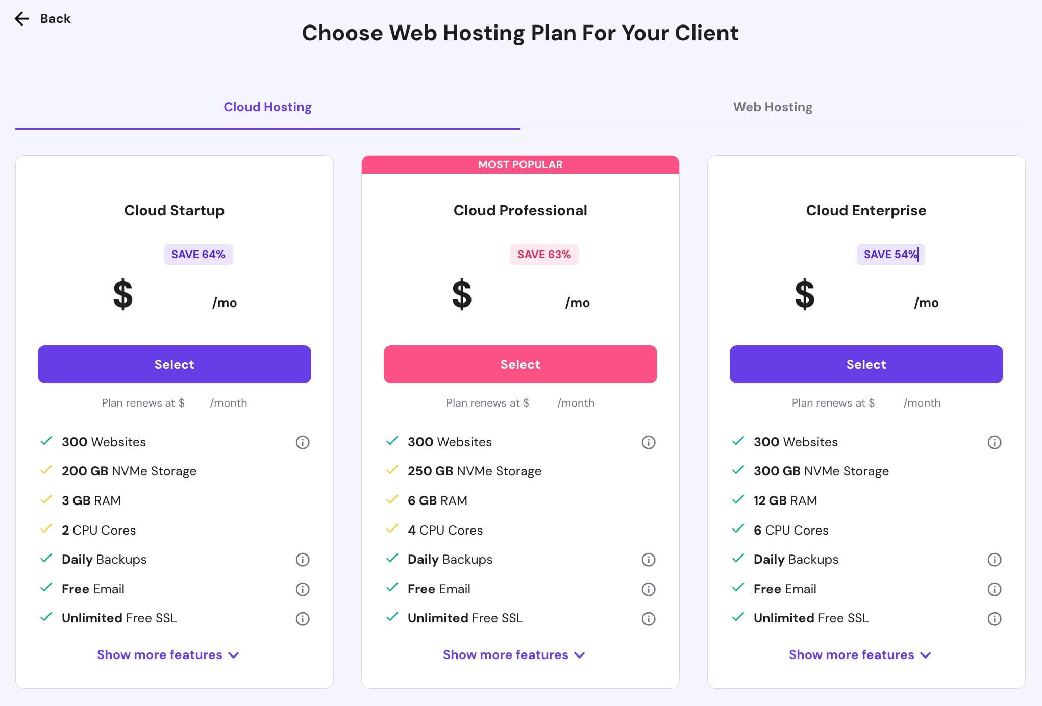Cloud hosting plan cards, with Cloud Professional marked most popular