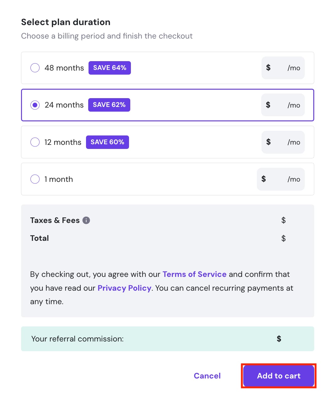 Checkout plan duration with 24 months selected and Add to cart button highlighted