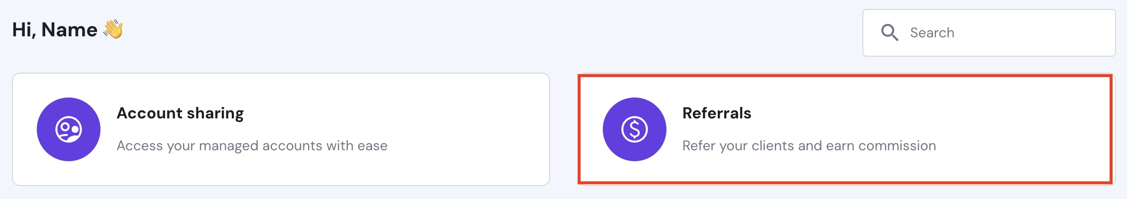 Referrals card for referring clients and earning commission