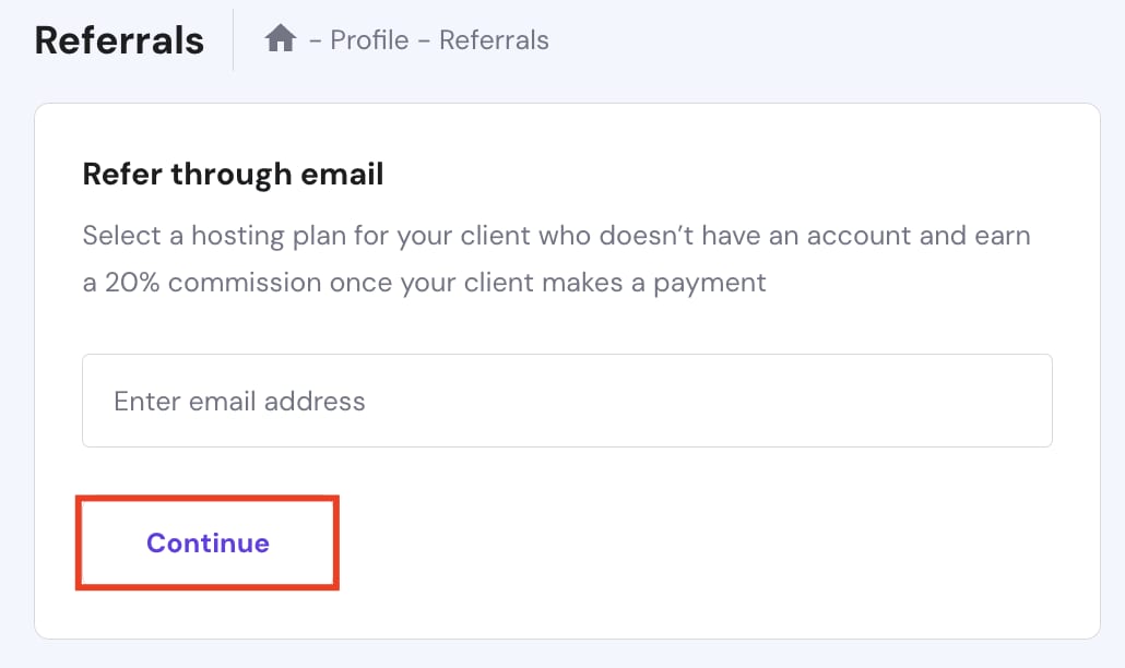 Referrals page with the Continue button highlighted under Refer through email