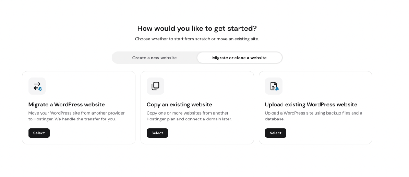 Hostinger setup page with "Migrate or clone a website" selected and WordPress migration options