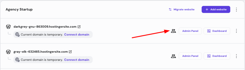 Agency Startup site list with collaborator icon highlighted beside the first website row