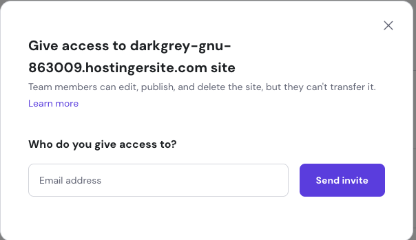 Hostinger site access dialog with email address field and Send invite button