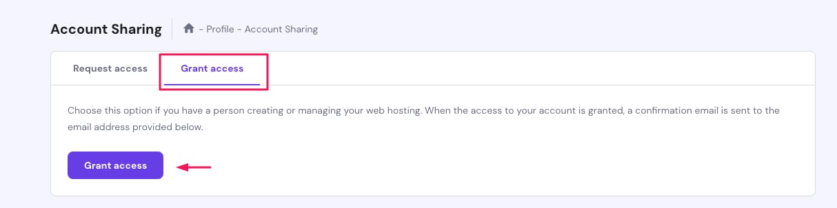 Hostinger Account Sharing page with the Grant access tab highlighted