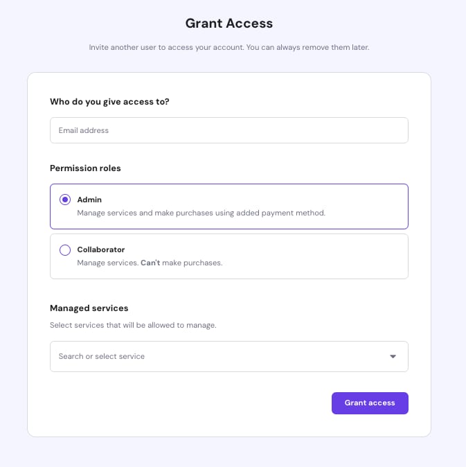 Hostinger Grant Access form with Admin role selected and service dropdown below
