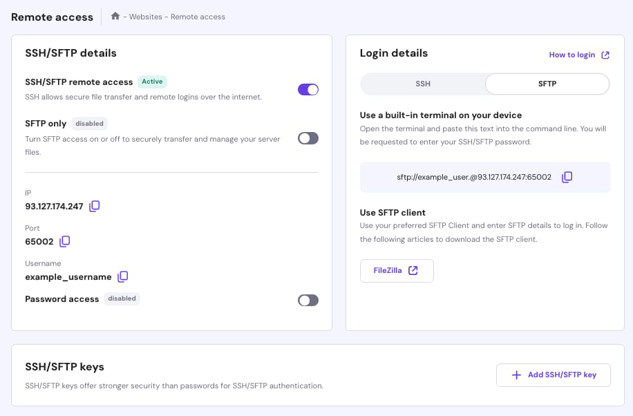 Agency hosting remote access settings with SSH/SFTP details and login details panel, SFTP tab selected