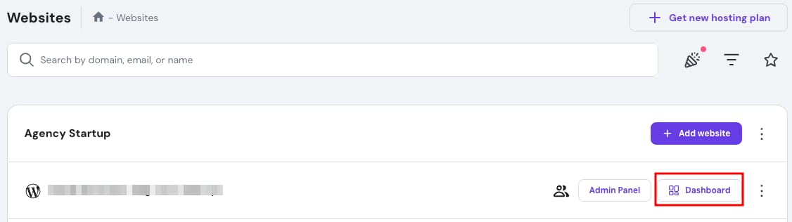 Hostinger Agency Hosting Dashboard button highlighted in a website row