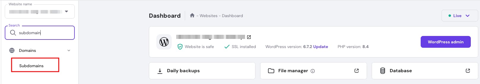 Hostinger dashboard with the Subdomains menu item highlighted in the left sidebar