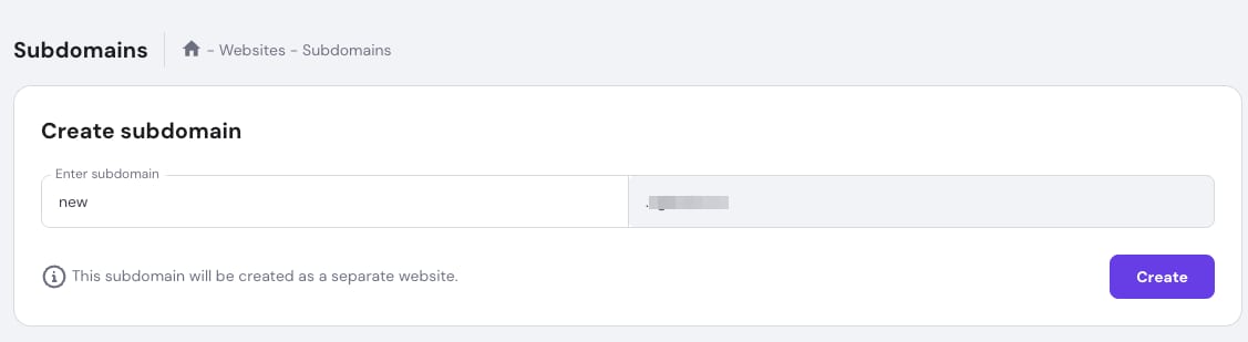 Hostinger hPanel subdomains page with the subdomain name field highlighted in the Create subdomain form