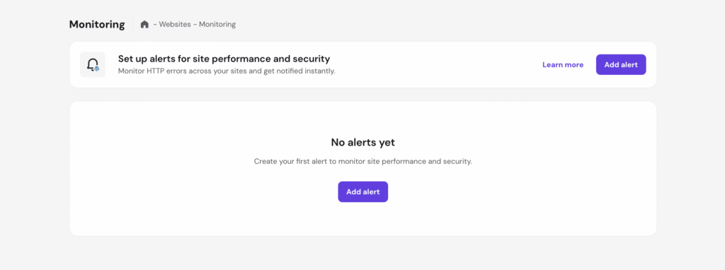 Websites monitoring dashboard with “Add alert” button and no alerts yet