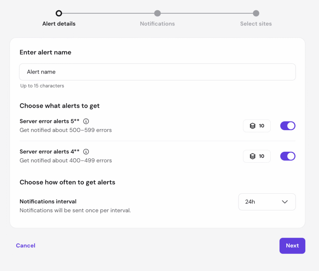 Alert setup step 1: enter name, choose 4xx/5xx alerts, set 24h interval, Next button