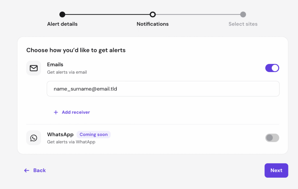 Alert notifications setup screen with email alerts enabled and WhatsApp marked coming soon