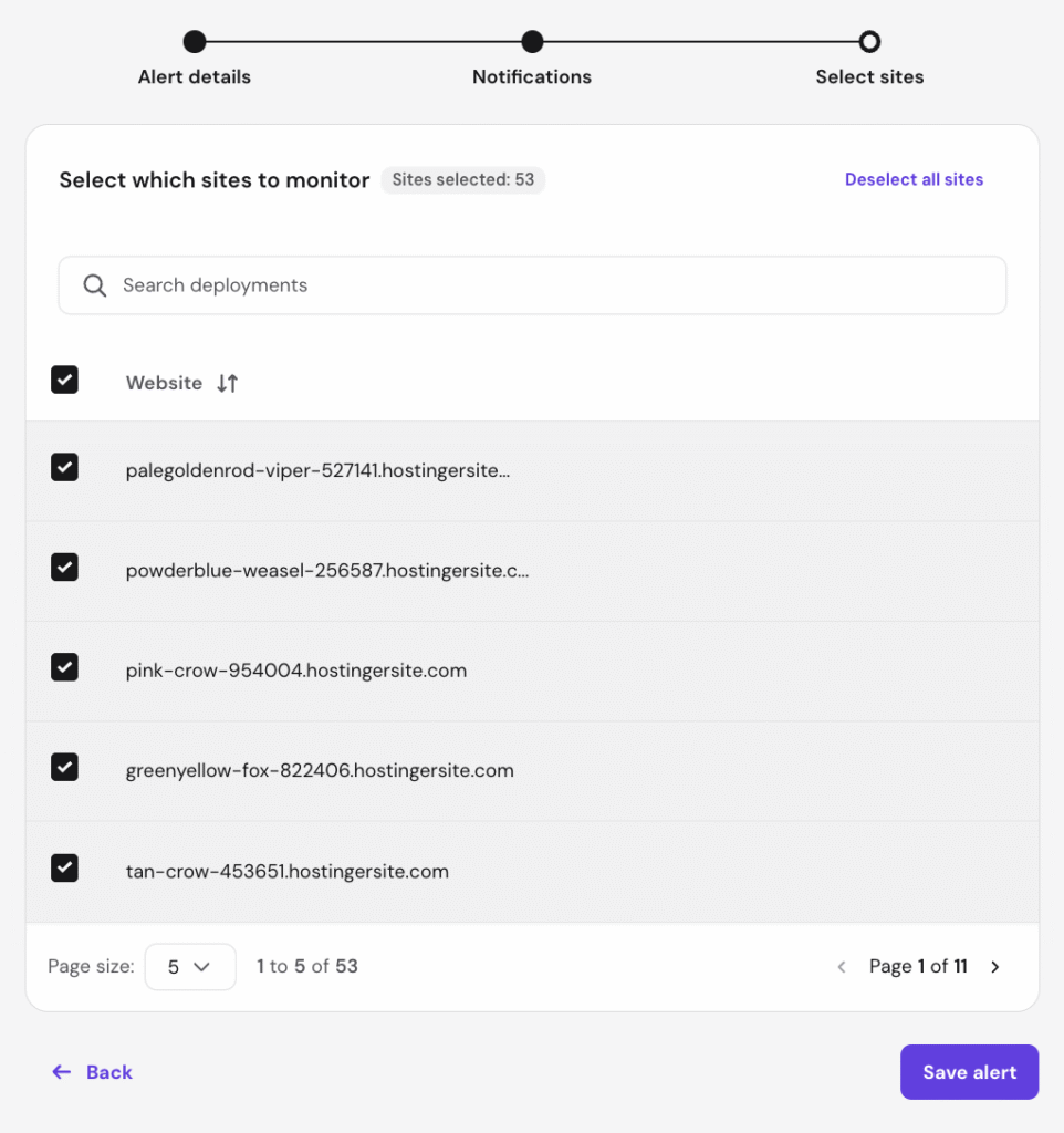 Hostinger alert setup: select sites to monitor, with 53 sites selected and page 1 of 11