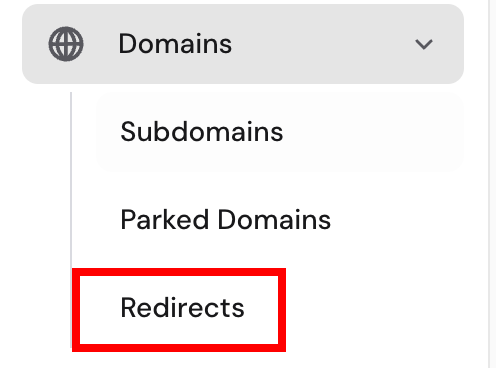 Domains menu with Redirects option highlighted