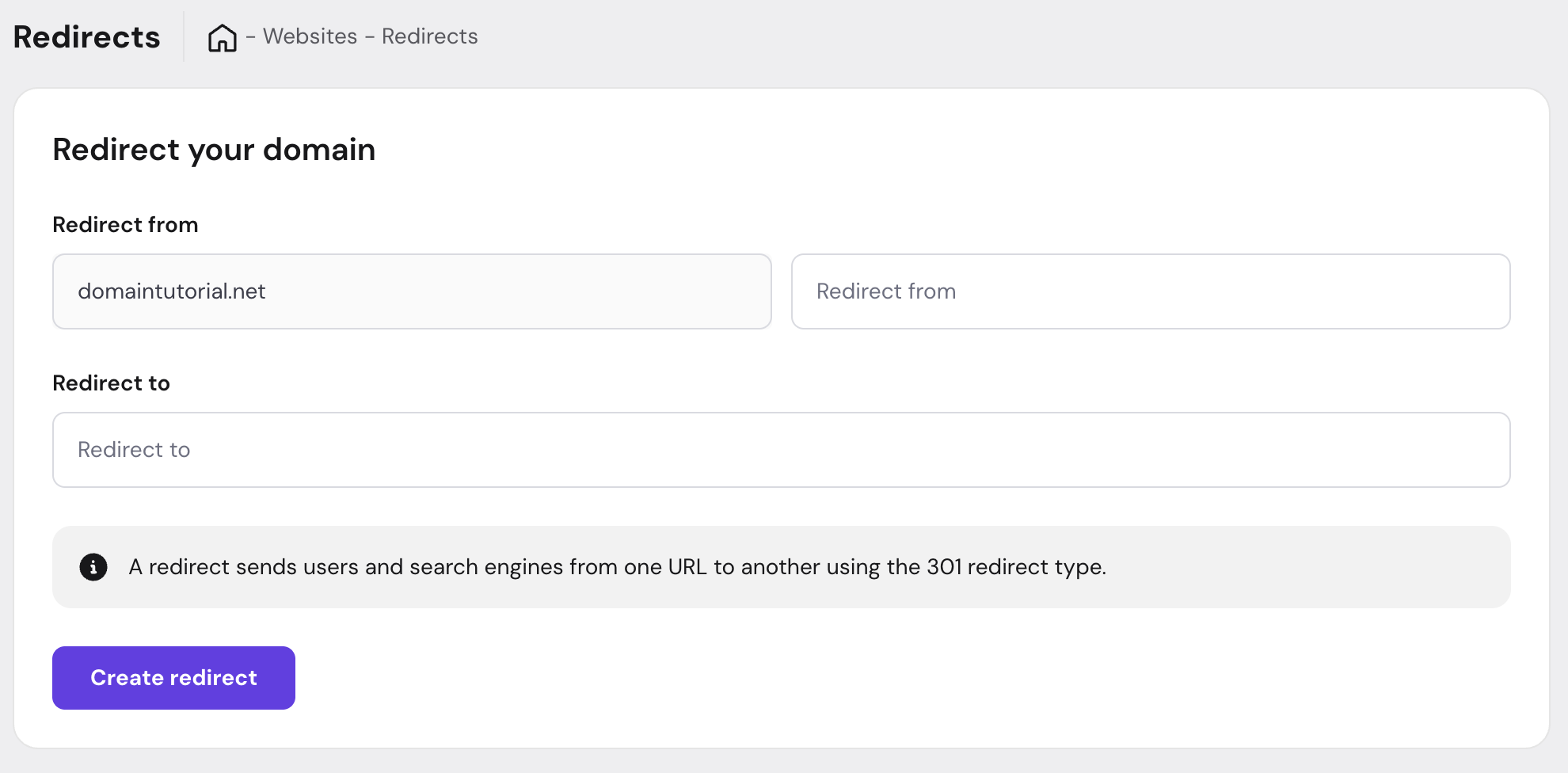 Redirects page showing domain redirect form with Create redirect button