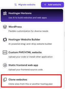 Hostinger menu with Clone websites option highlighted