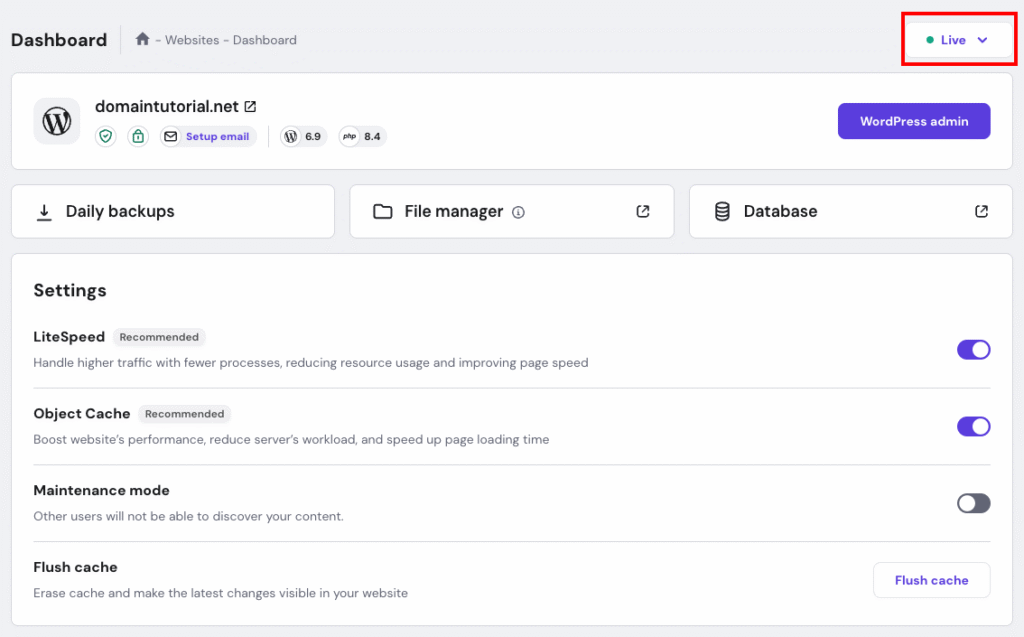WordPress dashboard showing Live status dropdown