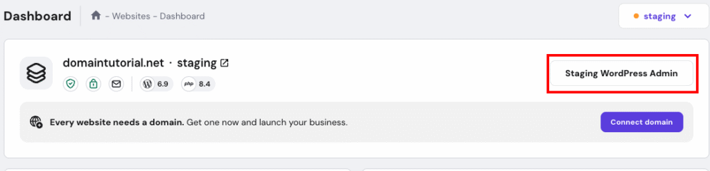Websites dashboard with Staging WordPress Admin button highlighted