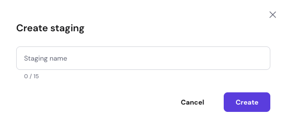 Create staging dialog with staging name input and Create button
