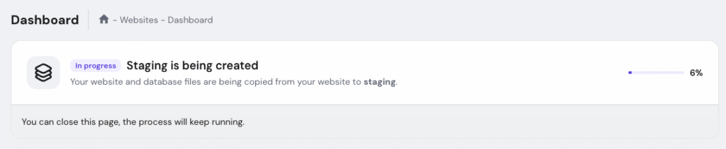 Dashboard showing staging being created, 6% complete