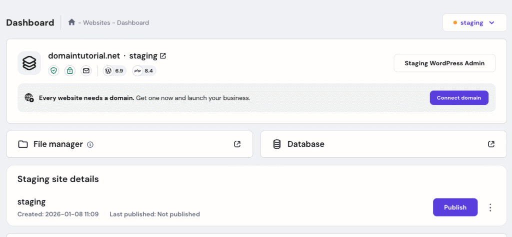 Staging website dashboard for domaintutorial.net with Publish button highlighted