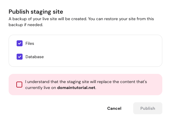 Publish staging site dialog with Files and Database checked and a live-site replacement warning checkbox