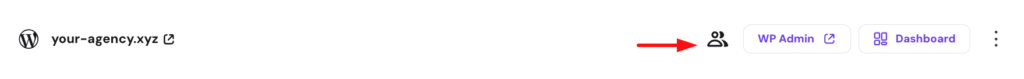 WordPress site header with a user/account icon highlighted by a red arrow