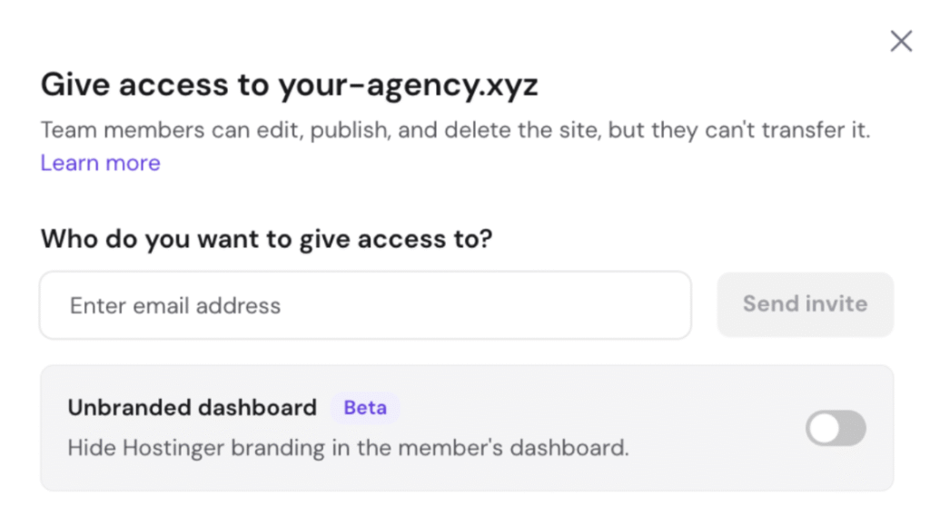 Hostinger access-sharing dialog for your-agency.xyz with email invite field and unbranded dashboard toggle