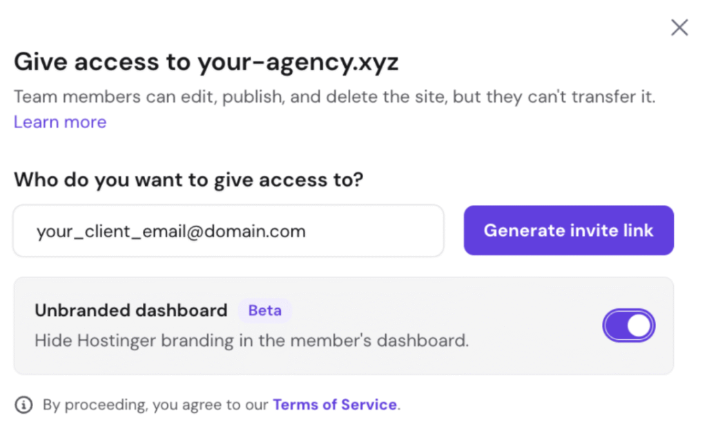 Hostinger access dialog for your-agency.xyz with invite link and unbranded dashboard toggle