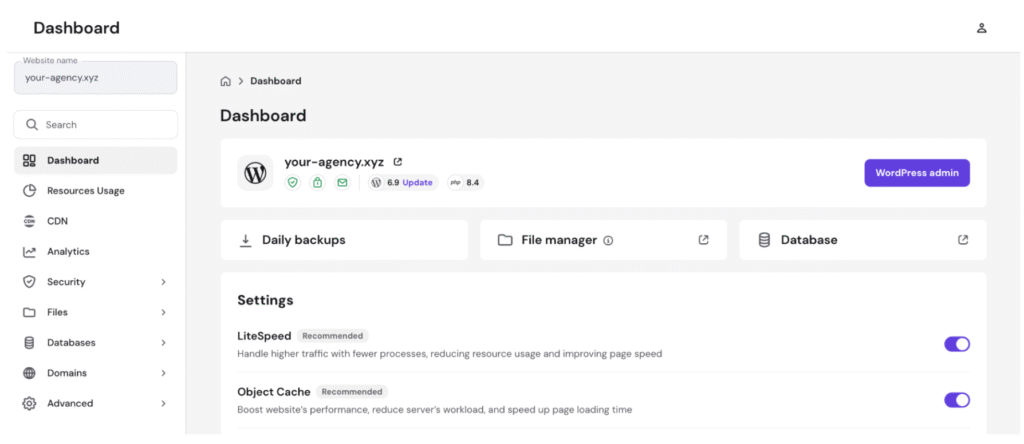 WordPress hosting dashboard for your-agency.xyz with WordPress admin and settings toggles visible