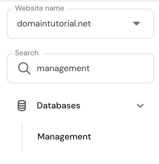Hosting control panel with website selector and search showing Databases > Management
