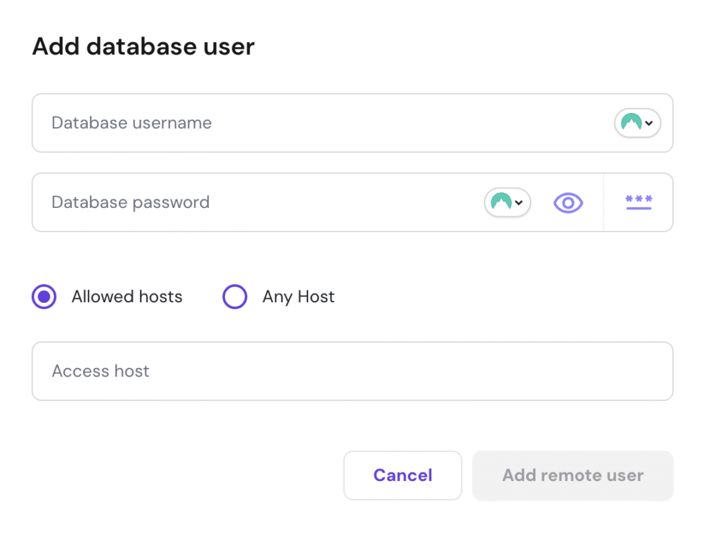 Add database user form with allowed hosts selected and Add remote user disabled
